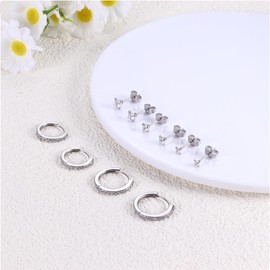 Dochais 5 Pairs of 316L Surgical Steel Earrings, Silver Set, Hoop Earrings, Small, 10 mm 12 mm, Hypoallergenic Stud Earrings, Cubic Zirconia Ball, Sleeping Cartilage, Huggie Hoop Earrings for Men and