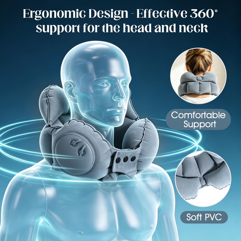 Inflatable Neck Pillow, U-Shaped Travel Pillow with Adjustable Snap Grey