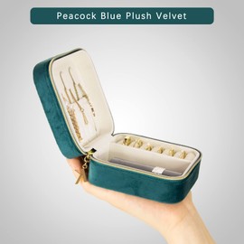 KAMIER Small Jewellery Box for Women, Portable Travel Jewellery Box, Plush Velvet Mini Jewellery Storage for Earrings, Rings, Necklaces, Peacock Blue
