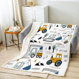 Loussiesd Car Blanket Children Youth Construction Blanket 130 x 150 cm Cartoon Excavator Crane Tractor Decor Cuddly Blanket Girls Teenagers Bedroom Decor Truck Tractor Flannel Fleece Blanket White