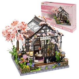 DIY Miniature House Kit, Fairy Dollhouse for Adults to Build, Mini Home Building Kit with Wooden Furniture & LED Lights,Garden Detials, Gift for Family and Friends (Spring Sakura Greenhouse)