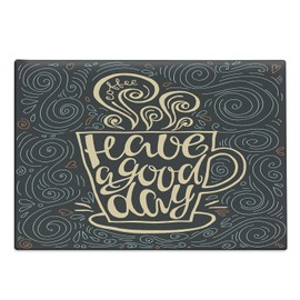 Ambesonne Saying Cutting Board, Have a Day Positive Message Lettering in Cup of Coffee with Hearts and Swirls, Decorative Tempered Glass Cutting and Serving Board, Large Size, Multicolor