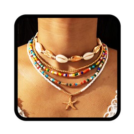 YBSHIN Boho Beaded Layered Necklace Gold Shell Choker Necklaces Starfish Pendant Necklace for Women