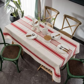 ArtBud White Red Tablecloth Cotton Linen Farmhouse Table Cover Soft Washable Table Top for Parties Coffee Kitchen Décor Stripe(Rectangle/Oblong, 60"×86"(6-8 Seats)