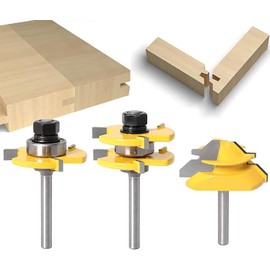 Router Bit Set, KATSU 45 Degree Lock Mitre Router Bit Groove Cutter + 6.35 mm Shank Tongue Shank and Groove Cutter Set 3 Teeth in Wood Cutter for Woodworking 133305