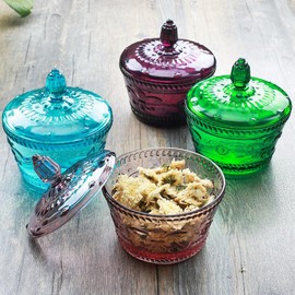 MASSJOY Set of 2 European Retro Nostalgic 3D Relief Purple Glass Jar Candy Jar Seasoning Jar with Lid