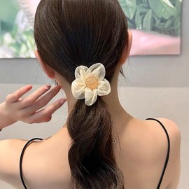 Andelaisi Boho Silk Satin Hair Scrunchies Vintage Satin Hair Band Hair Ties French Elastic Hair Tie Ropes Pearl Ponytail Scrunchy Hair Ties Hair Accessories for Women and Girls Headdress