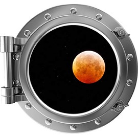 12" Port Scape Blood Moon #1 Silver Porthole Wall Decal 3D Space Window Removable Wall Sticker Instant Space Ship View Lunar Eclipse Moon Phases Kids Room Decor