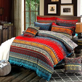 Bohemian Duvet Cover Set Full Colorful Floral Boho Striped Bedding Set Ultra Soft Microfiber Double Duvet Cover Southwestern Indian Tribal Reversible Bedding Exotic Style Decor Boho Comforter Cover