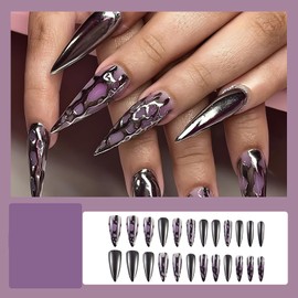 24Pcs Long Almond Press on Nails Purple RIICFDD False Nails with Metallic Sliver & Line Designs False Nails Spring Summer Artificial Glossy Acrylic Nails Full Cover Stick on Nails for Women Girls