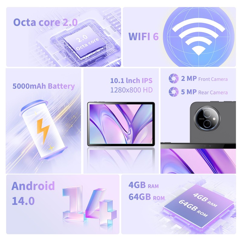 Veidoo 10.1-Inch Tablet, 8 GB RAM 64GB ROM（Included 4GB Virtual