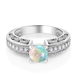Gem Stone King 925 Sterling Silver White Simulated Opal Engagement Filigree Ring For Women (1.59 Cttw, Round Cabochon 6MM, Gemstone October Birthstone, Size 9)
