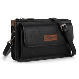 Wrangler Crossbody Wallet Purse for Women Vegan Leather Black Small Crossbody Bag with Removable Straps