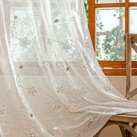 AmHoo 2 Panels Linen Floral Leaf Embroidered Semi Sheer Curtain Farmhouse Voile Curtains for Living Room Bedroom Window Treatment Taupe 52 x 84 Inch