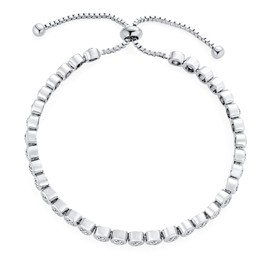 Bridal Wedding Prom Round Bezel Set Bubble Cubic Zirconia CZ Tennis Bracelet Slide Bolo Bracelet for Women Teens Adjustable Sliding Ball Clasp Bracelet Silver Plated