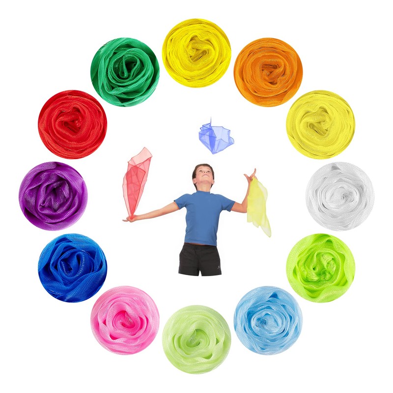 ABSOFINE Pack of 12 Colourful Juggling Cloths, Nursery Cloths, Chiffon