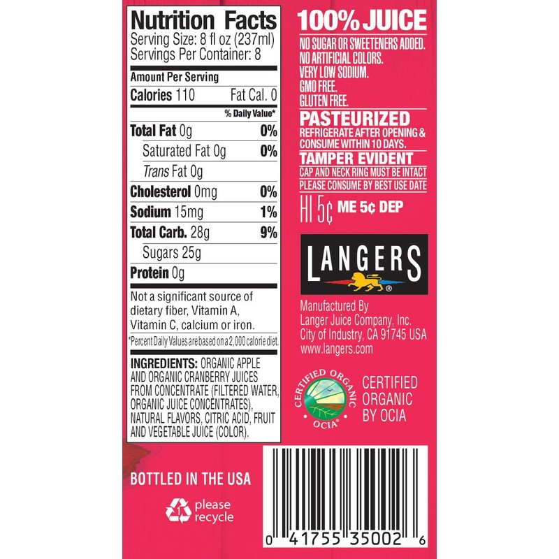 Langers 100% Organic Juice, Cranberry, 64 Fluid Ounce