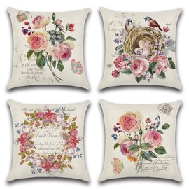 Artscope Waterproof Cushion Covers, Set of 4 Spring - Romantic Cushion Cover, Breathable Cushion Cover for Outdoors, Balcony, Patio, Garden, Farmhouse Decor, 45 x 45 cm