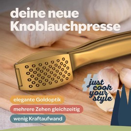 kjøk Premium garlic press made of zinc alloy in matt gold, professional garlic press, dishwasher safe, practical and stylish garlic press, garlic pro press, easy to clean