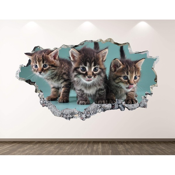 Baby Cats Wall Decal Art Decor 3D Smashed Kitten Sticker Poster Kids Room Mural Custom Gift BL255 (70"W x 40"H)
