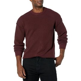 GUESS Men's Long Sleeve 2 Tone Waffle Brendon Sweater, Jet Black/Red Noir Multi