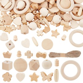 PH PandaHall 150PCS Wooden Beads: 15 Styles, Heart, Cross, Spacer, Unfinished, Round, Cube, Loose, Butterfly, with 20m Jute Cord for DIY Crafts, Macrame, Home Decor