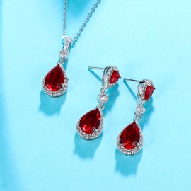 EleQueen 925 Sterling Silver Full Cubic Zirconia Teardrop Bridal Pendant Necklace Dangle Earrings Set for Women Ruby Color, Valentine's Day/Mother's Day/Christmas Jewerly Gift for Wife/Mom