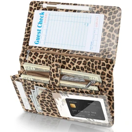 Server Book High Volume, Expandable Server Book,5"×9", Waitress Waiter Book, Leather Waitress Book with 2 Zipper and Magnetic Pockets, Server Books Server Booklet Fit Server Apron, Leopard Print