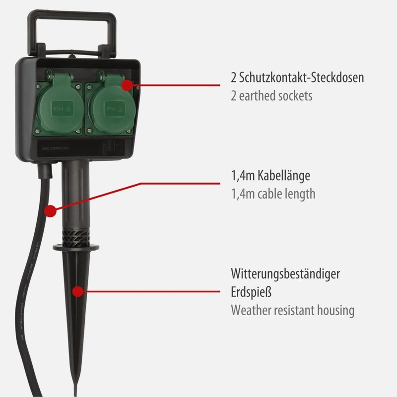 Brennenstuhl Garden Socket / Outdoor Socket 2-Way with Ground Spike