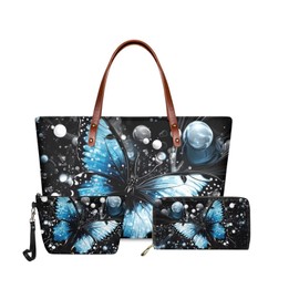 GIFTPUZZ Blue Butterfly Handbag Set of 3 Women PU Leather Clutch Wallet Wrist Strap Bag Tote Bag Large Capacity Cosmetic Bag Waterproof Makeup Bag Portable Work Travel Shopping Bag, Blue Butterfly,