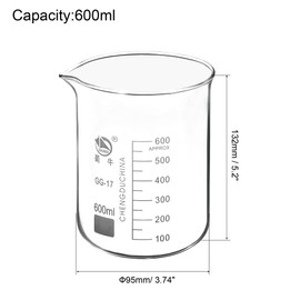 PATIKIL 600ml Low Form Glass Beaker, 2 Pack 3.3 Borosilicate Glass Graduated Printed Scale Measuring Cups with Spout for Kitchen Lab Liquids Transit Boiling