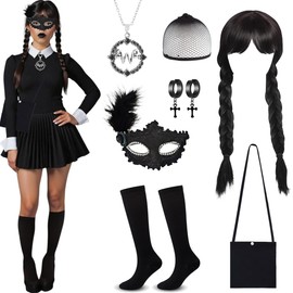 YuhoWon Wednesday Gothic Cosplay Accessory Set with Wig, Mask, Necklace, Earrings, Bag & Socks for Carnival, Pack of 7