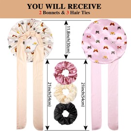 BelleVive 2+3 Pieces Large Satin Bonnets with Scrunchies for Women, Hair Cap for Sleeping, Tying for Braids and Curly Hair, Non-Slip and Breathable Headwear, Night Cap for Women