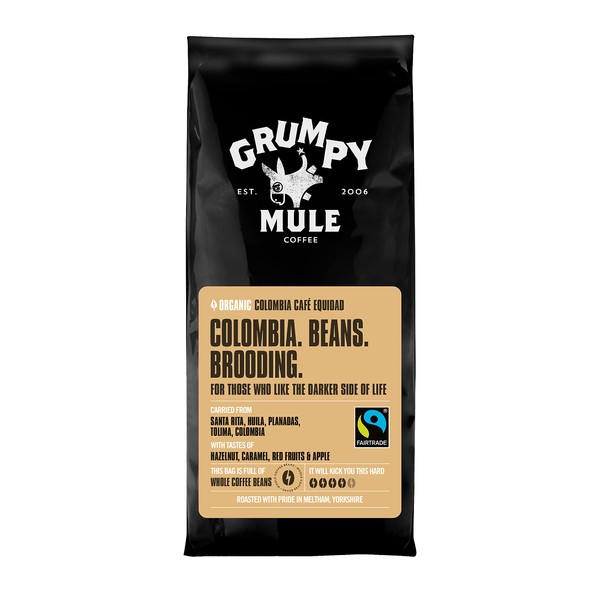 Grumpy Mule Organic Colombia Café Equidad Whole Coffee Beans with tastes of Hazelnut, Caramel & a hint of Red Fruits 227 g