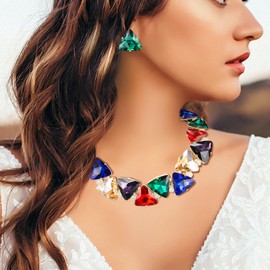Clearine Art Deco Sparkly Statement Necklace Earrings Set Triangle Jewellery Set for Women Multicoloured Gold Tone, Alloy Steel Crystal Alloy steel