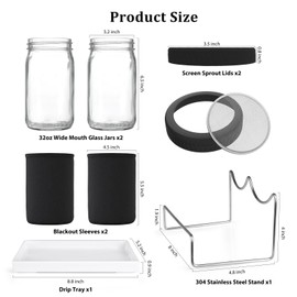 Kitmiido Organic Seed Sprouting Jar Kit – 2 × 32 oz Wide-Mouth Mason Jars with Stainless-Steel Sprouter Lids & Stand, Blackout Sleeves, Drain Tray – Grow Broccoli, Alfalfa & Bean Microgreens