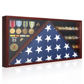 DecoWoodo Large Military Shadow Box Display Case with HD Tempered Glass - Triangular Flag Case Fits 9.5’x5' American Burial Flag, Removable Shelves for Coins, Backboard for Medals and Insignia, Red