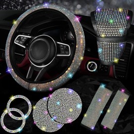 NBTEPEM 8 pcs Bling Car Accessories Set for Women, Bling Rhinestone Diamond Steering Wheel Cover, Sparkly Seat Belt Covers, Bling Gear Shift Cover, Universal Fit Most Cars (Multicolor Diamond)