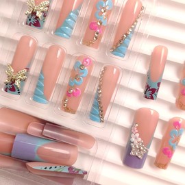 24Pcs French Tip Press on Nails Long Square Fake Nails with 3D Gold Butterfly Rhinestones Design Luxury Glue on Nails Star Jewel False Nails Spring Flower Acrylic Nails Pink Artificial Nails for Women