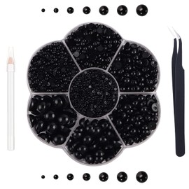 5600pcs Flatback Pearls for Crafts Mixed Sizes Half Pearl Bead Flat Back Plastic Beads Loose Bead with Pickup Pencil and Tweezer for DIY Craft Makeup Jewelry Decorations Nail Art Making-Black