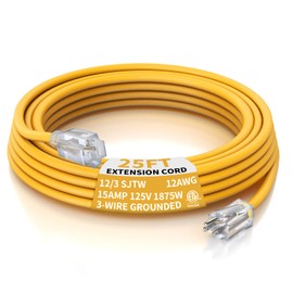 PLUGTUL 12 Gauge Extension Cord 25 Ft, Heavy Duty Outdoor Extension Cord Waterproof Lighted End SJTW, 3 Prong Grounded Plug for Safety, 15A 1875W, ETL Listed, Great for Garden and Home, Yellow