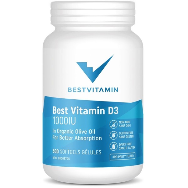 BestVitamin Best Vitamin D3 1000IU Softgels (In Organic Olive Oil For Better Absorption), 360 Liquid Softgels (180 + 180 Softgel 2-Pak)