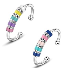 2Pcs Spinning Enamel Fidget Ring, Anxiety Relief Ring Adjustable Fidget Ring Roll Anti-anxiety Spinner Fidget Rotating Ring Stress Relief Rings Bead Spinner Ring for Women Daughter Granddaughter Kids