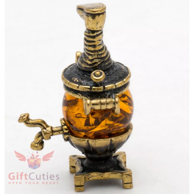 Solid Brass Amber Figurine of Russian Samovar Teapot Totem talisman