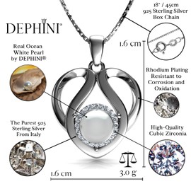DEPHINI Sweet Pearl Necklace, 925 Sterling Silver Heart Necklace, Cubic Zirconia, Women's Jewellery, Gifts for Women, Crystal Pearl, Cubic Zirconia