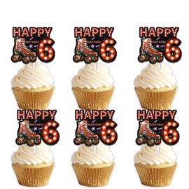 18pcs Red Glitter Neon Light Happy Birthday 6 Roller Skates Dessert Cupcake Topper Pick for 80s 90s Retro Hip Hop Roller Skating Theme Decor Supplies Boys Girls Happy 6th Birthday Party Decorations