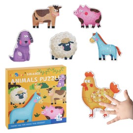 FLYINGSEEDS 6 Packs Farm Animals Shaped Wooden Jigsaw Puzzles with Pattern Blocks for Beginner, Toddler Puzzles Ages 1-3, Montessori Learning Toys Preschool Educational Activity for Kids Ages 2-5
