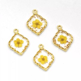 6PCS Gold Tone Real Dry Pressed Daffodil Flower Resin Diamond Shape GYX304
