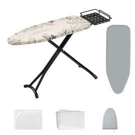 Ironing Board,Foldable Ironing Board Adjustable Height Compact Ironing Board Thick Steel Tube Ironing Board with Iron Holder,Replacing Cloth Cover and Mini Handheld Ironing Board Gloves(Leaf Print)