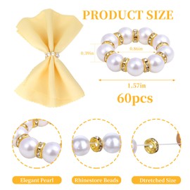60 Pcs Pearl Napkin Rings Silver Napkin Ring Holder Imitation Beaded White Napkin Rings Elegant Rhinestone Serviette Rings Buckle for Formal Wedding Home Dinner Party Supplies (60 Pcs, Gold)